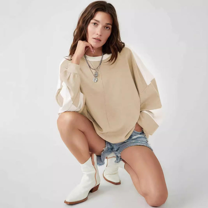 Dame afslappet sweatshirt med løst snit og elegante blokstriber Stilla