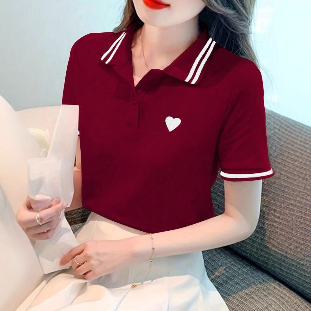Dame Polo-shirt med fint hjertemotiv og kontrasterende striber Stilla