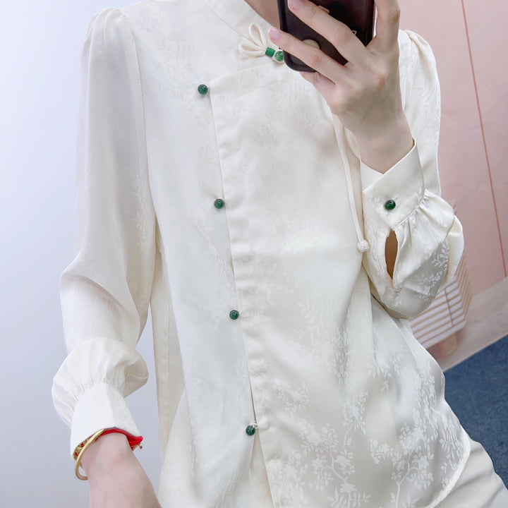 Dame Chique Bluse med asymmetrisk krave og dekorative knapdetaljer Stilla