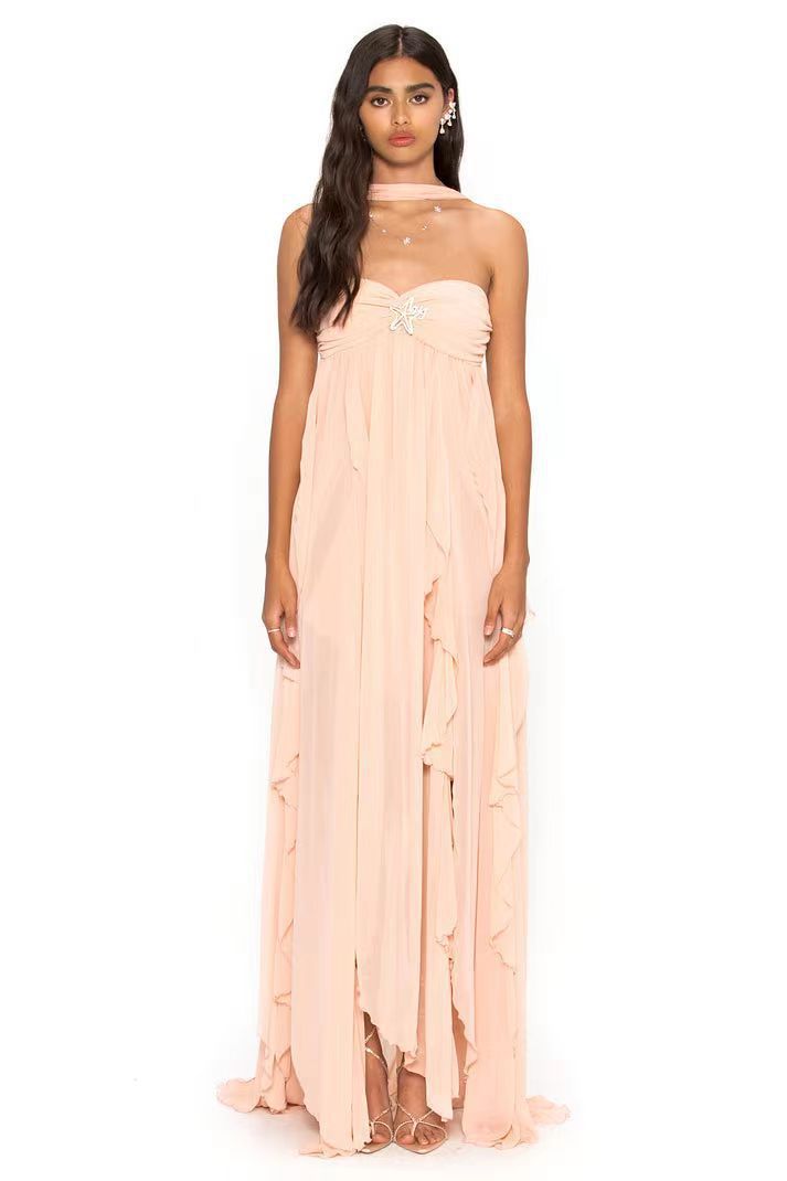 Dame Elegant Maxi Kjole med asymmetrisk søm og fine flæsedetaljer Skovae