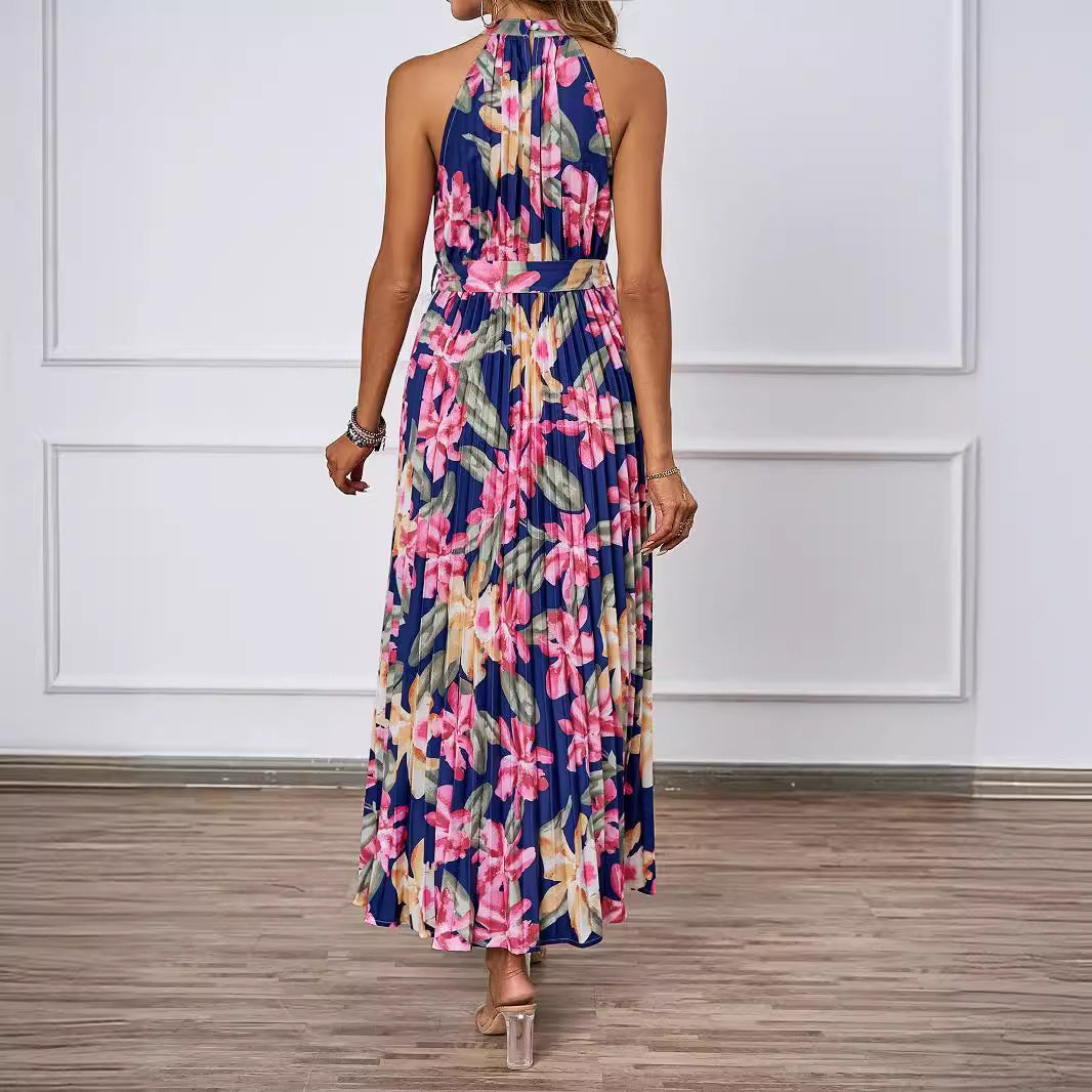 Dame Plisseret Maxikjole med dyb Halterneck og blomstret Taljering Stilla