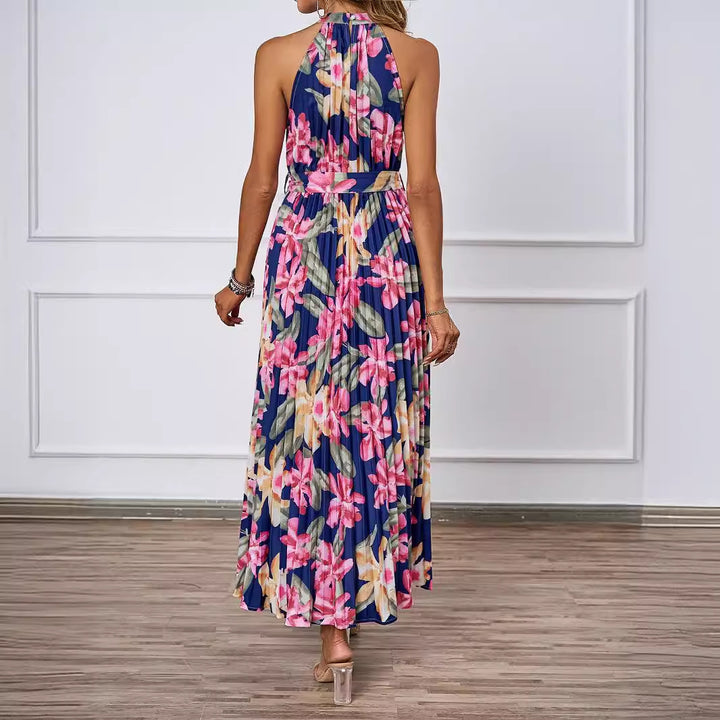 Dame Plisseret Maxikjole med dyb Halterneck og blomstret Taljering Stilla