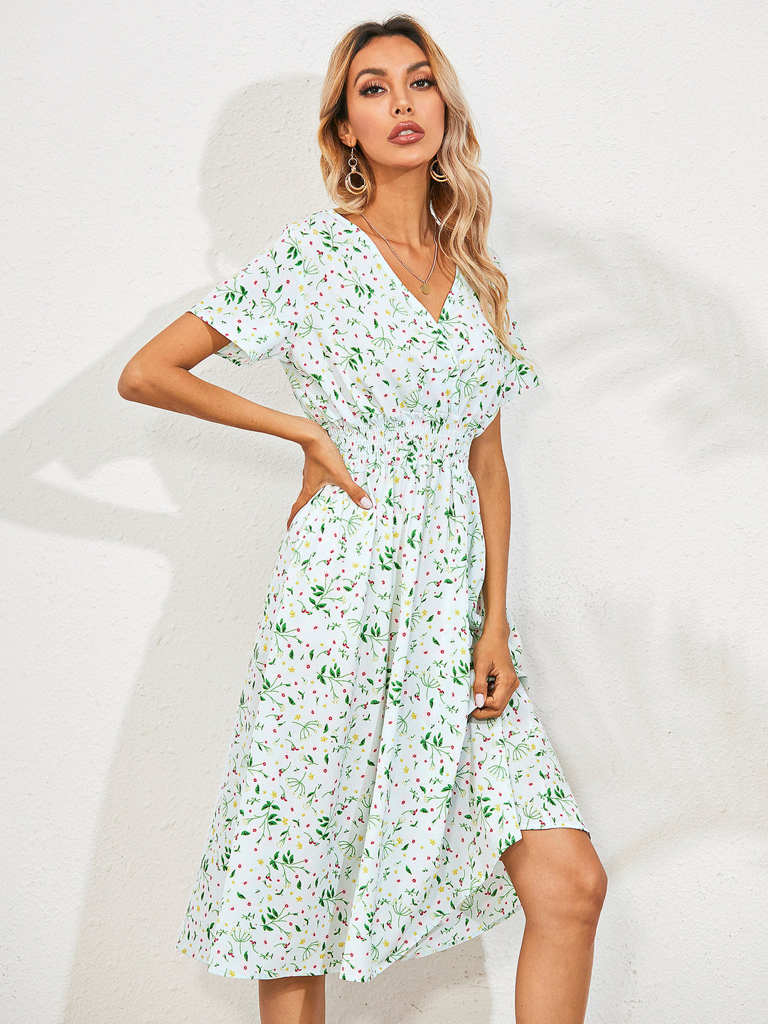 Dame Floral Midi Kjole med elastisk Talje Stilla