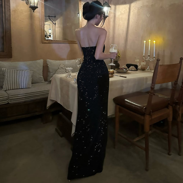 Dame Elegant Maxikjole med skulderfri design og glitrende accenter Stilla