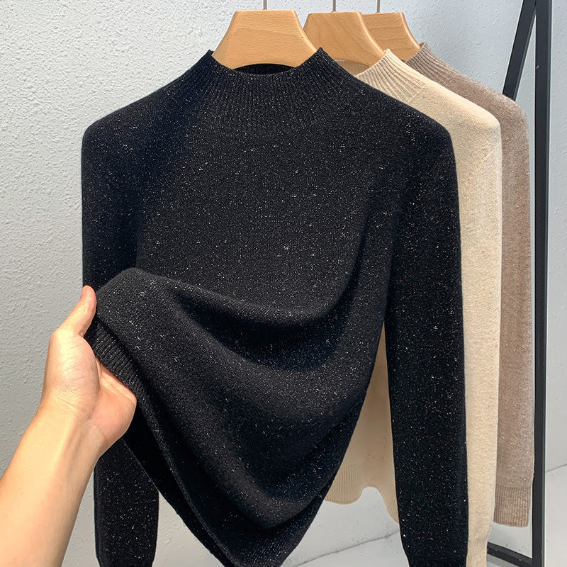 Dame strikpullover med fin glimmergarnstruktur og moderne ståkrave Stilla
