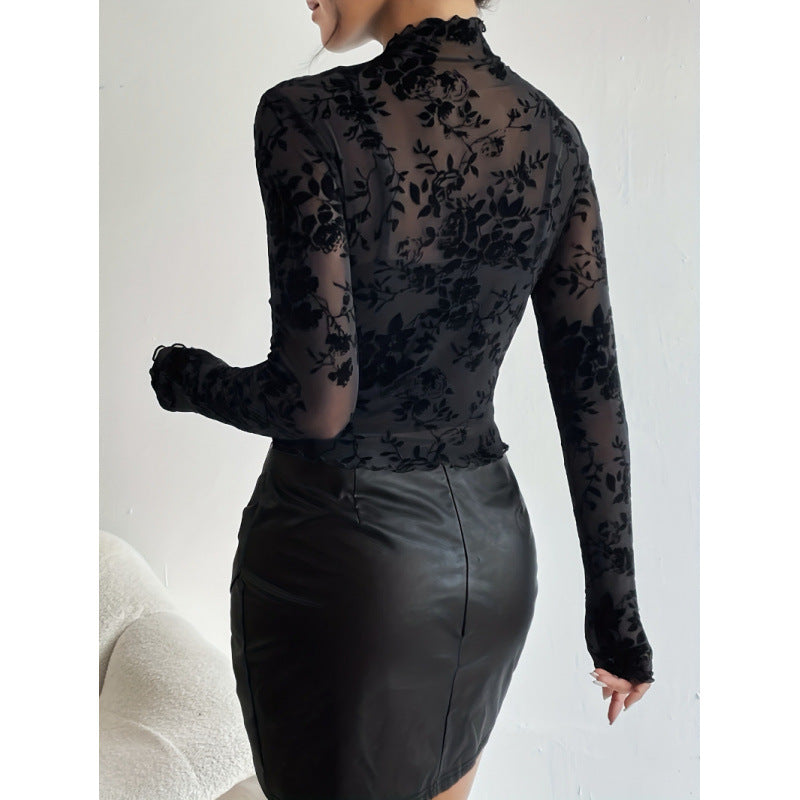 Dame langærmet t-shirt med blomster chiffon og transparente detaljer Skovae