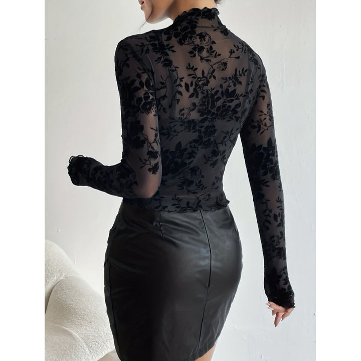 Dame langærmet t-shirt med blomster chiffon og transparente detaljer Skovae