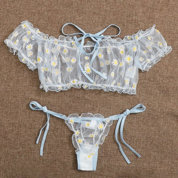 Dame Floral Broderet Crop-Top og Cheeky Brief-Sæt Stilla
