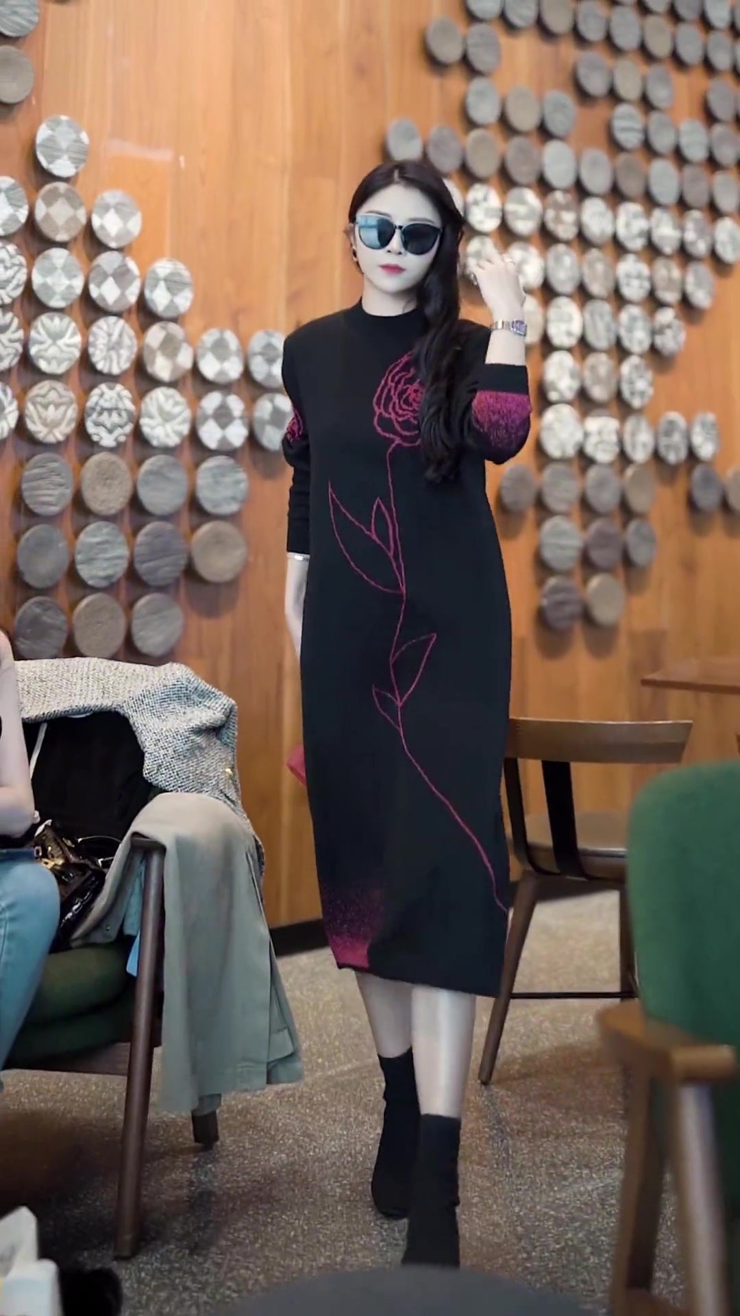 Dame Elegant stribet Langærmet kjole med Floral-broderi Stilla