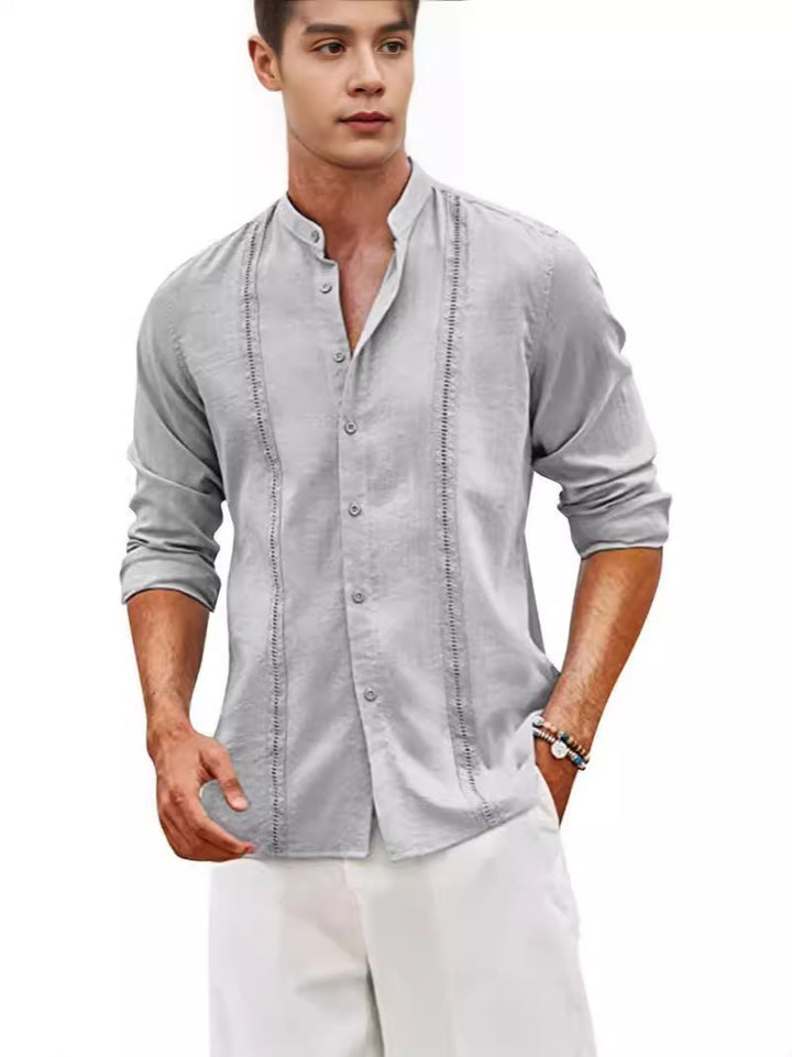 Herren linned shirt med moderne stående krave og elegant knapdesign Stilla