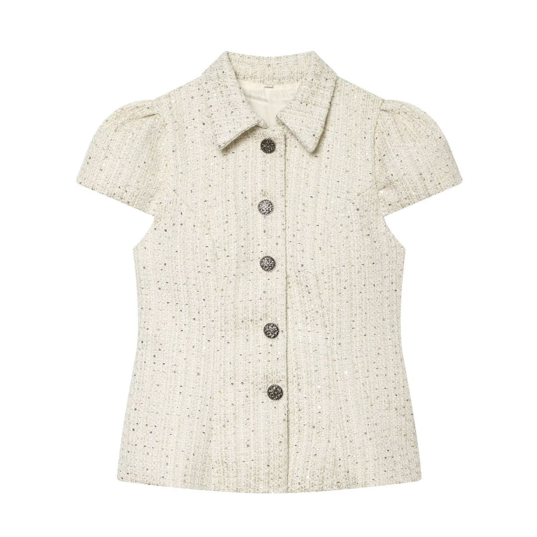 Dame elegant bluse med struktureret stof og dekorative knapper Skovae