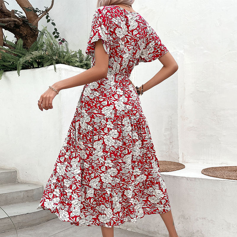 Dame Floral Print Midi-Kjole med V-Udskæring og korte Flatterærmer Stilla