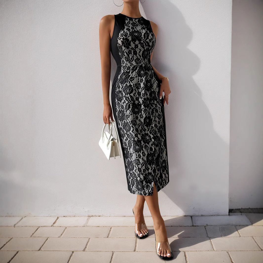 Femme Elegante Spids-Detail Midi Kjole med side Slids Stilla