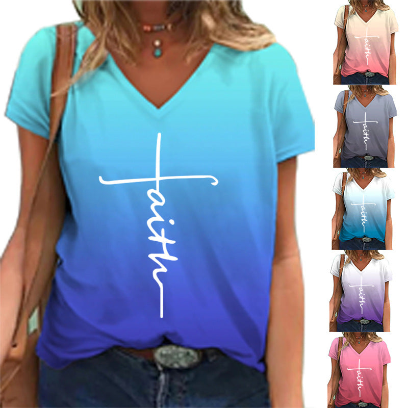 Dame V-hals T-shirt med moderne farveforløb og inspirerende tekst Stilla