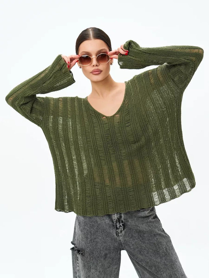 Dame store størrelse sweater i let strikmateriale med raffineret hulmønster Stilla