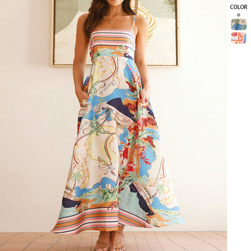 Kvinders Lange Sommerkjole med Farverigt Patchwork Design og Praktiske Lommer Stilla