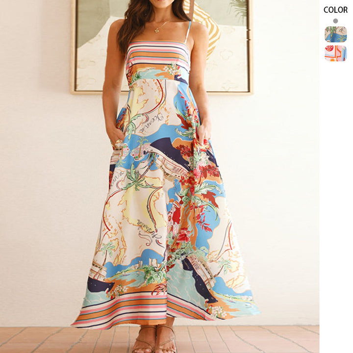 Kvinders Lange Sommerkjole med Farverigt Patchwork Design og Praktiske Lommer Stilla