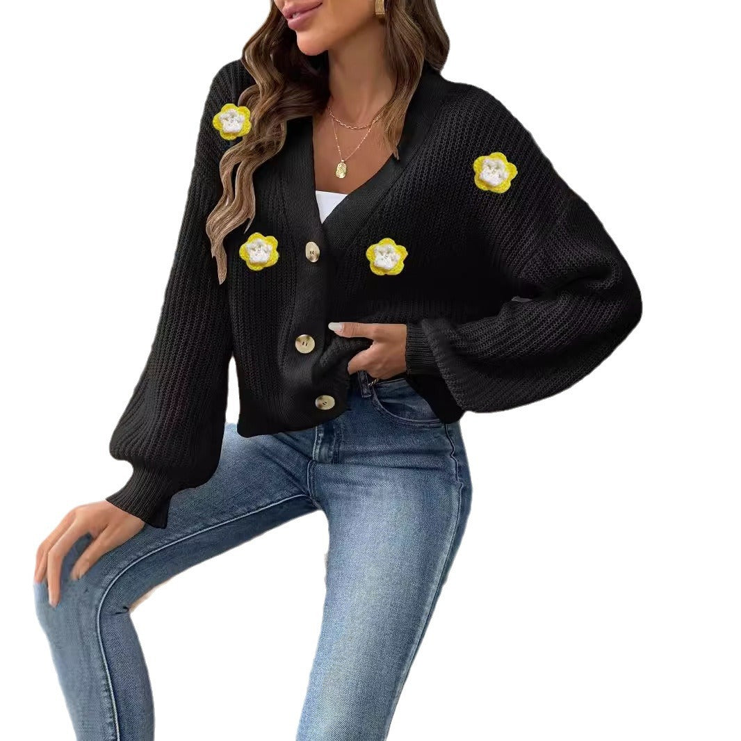 Damer moderigtig strik-Cardigan med innovativt blomstermotiv og ballonærmer Stilla