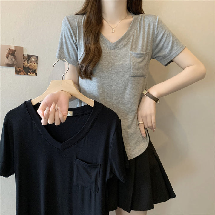 Dame V-udskæring Lomme-detalje T-shirt Stilla