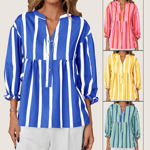 Dame oversized Bluse med stribemønster og knapliste Stilla