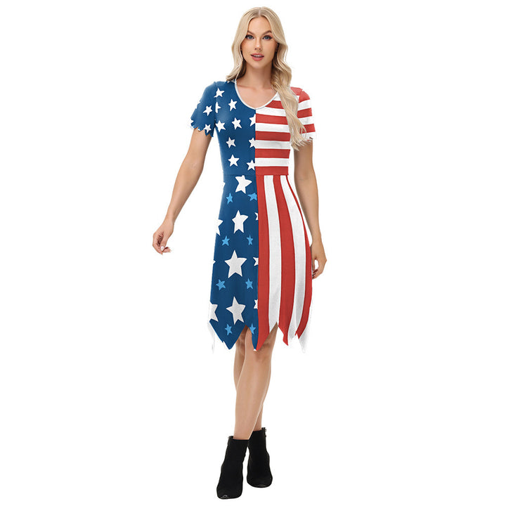 Dame afslappet T-shirt kjole med amerikansk flag mønster og asymmetrisk kant Stilla