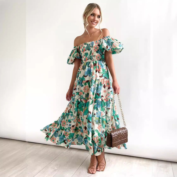 Dame sommerlig maxi kjole med off-shoulder skæring og luftige pufærmer Stilla