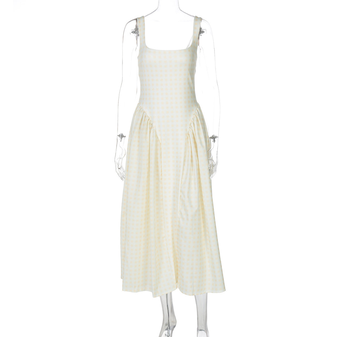 Dame sommerligt maxikjole med ternet design og sidelange draperingselementer Skovae