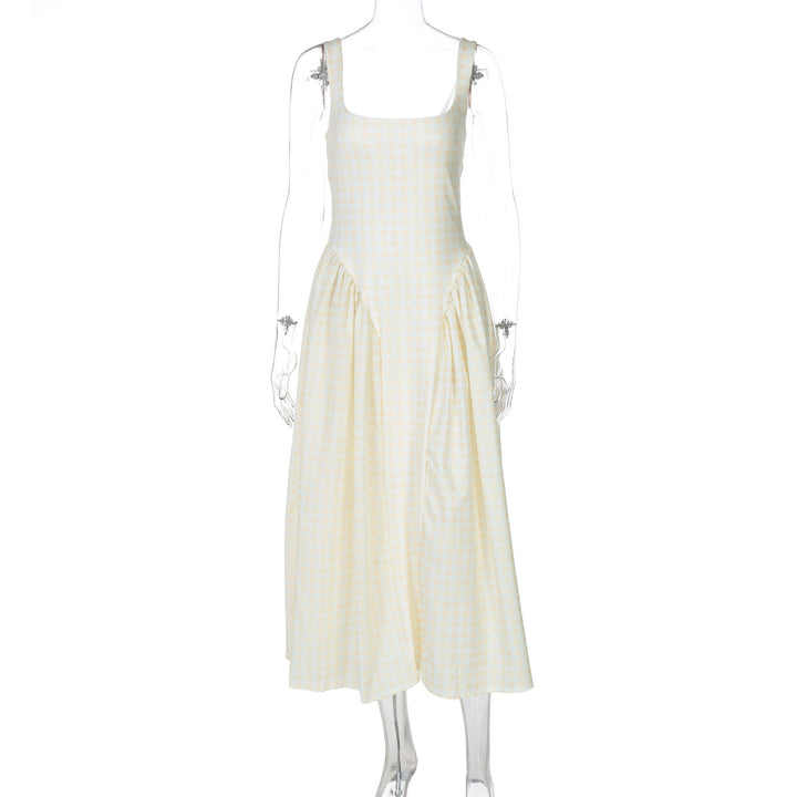 Dame sommerligt maxikjole med ternet design og sidelange draperingselementer Skovae