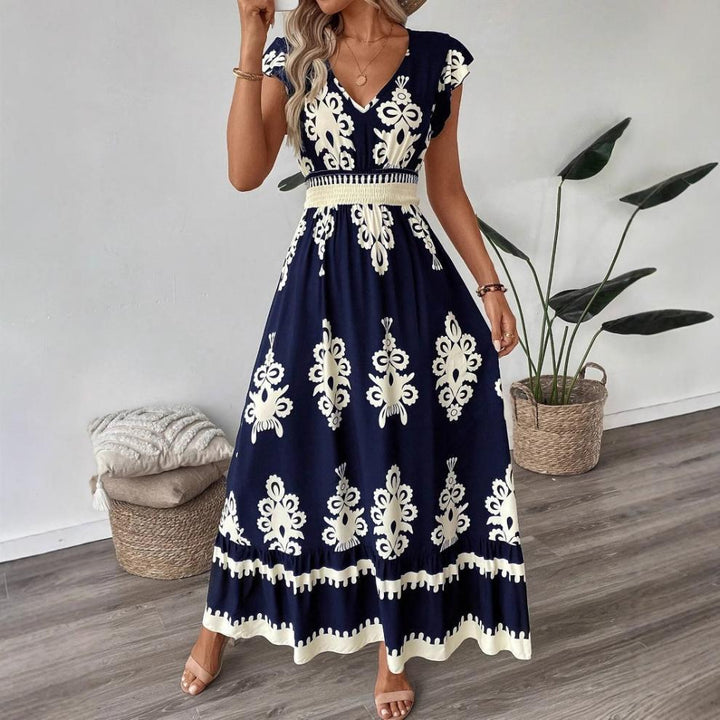 Dame V-Hals Blomstret Broderet Maxikjole Stilla