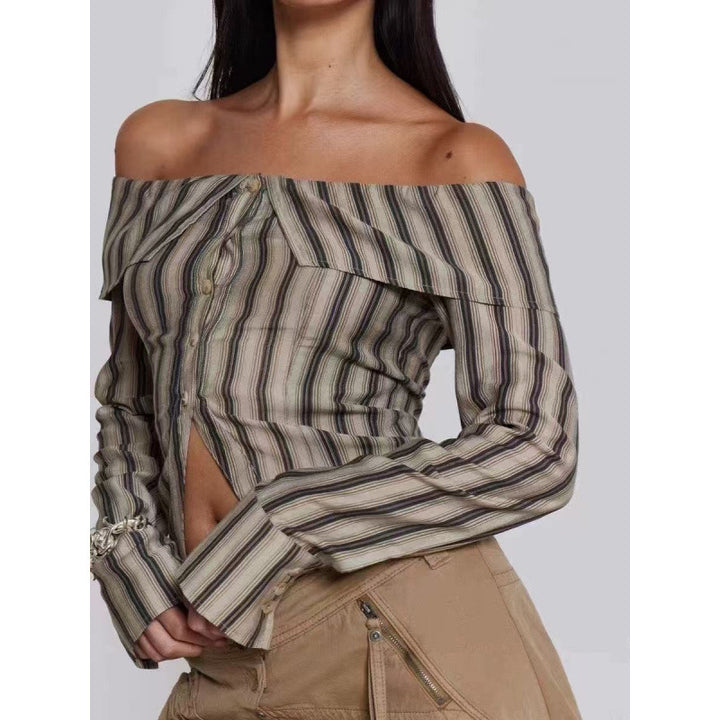 Dame Off-Shoulder stribet bluse med knapdetaljer Stilla
