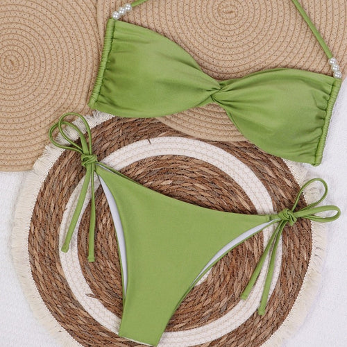 Dame Bandeau-bikini med elegante perlesnore Skovae