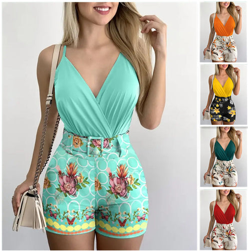 Dame Body med dyb V-udskæring og floral High-Waist Shorts Set Stilla