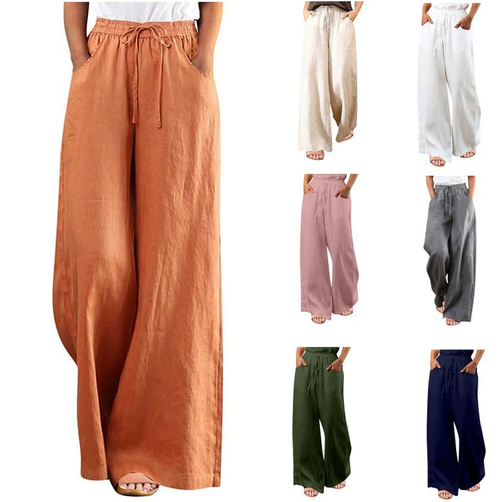 Dame brede linned sandaler-bukser med elastisk talje og justerbar snor Stilla