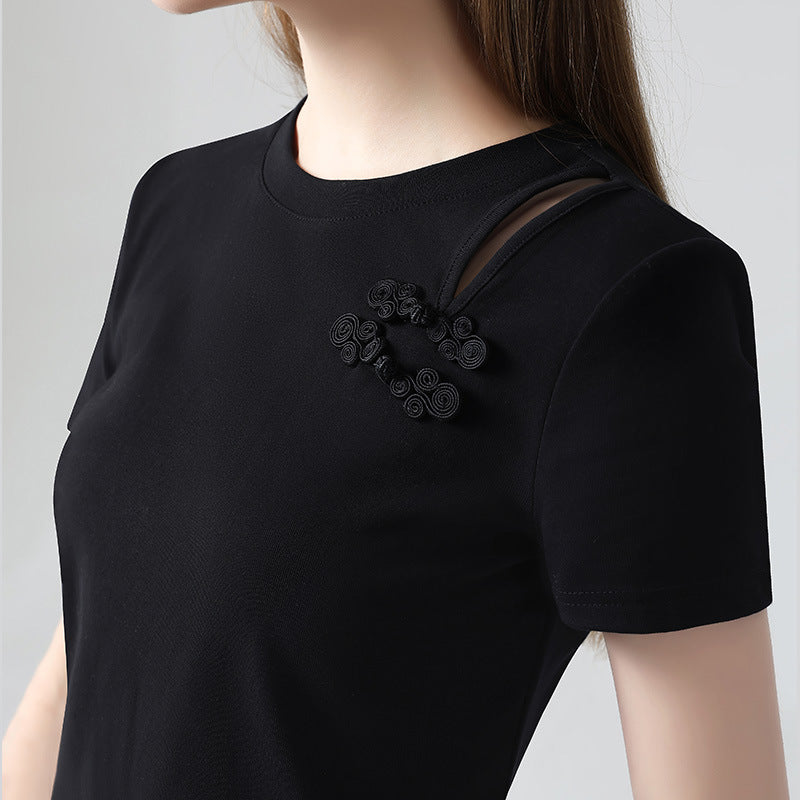 Dame kortærmet shirt med unikt blomsterapplikationsdesign og kropsnært snit Stilla