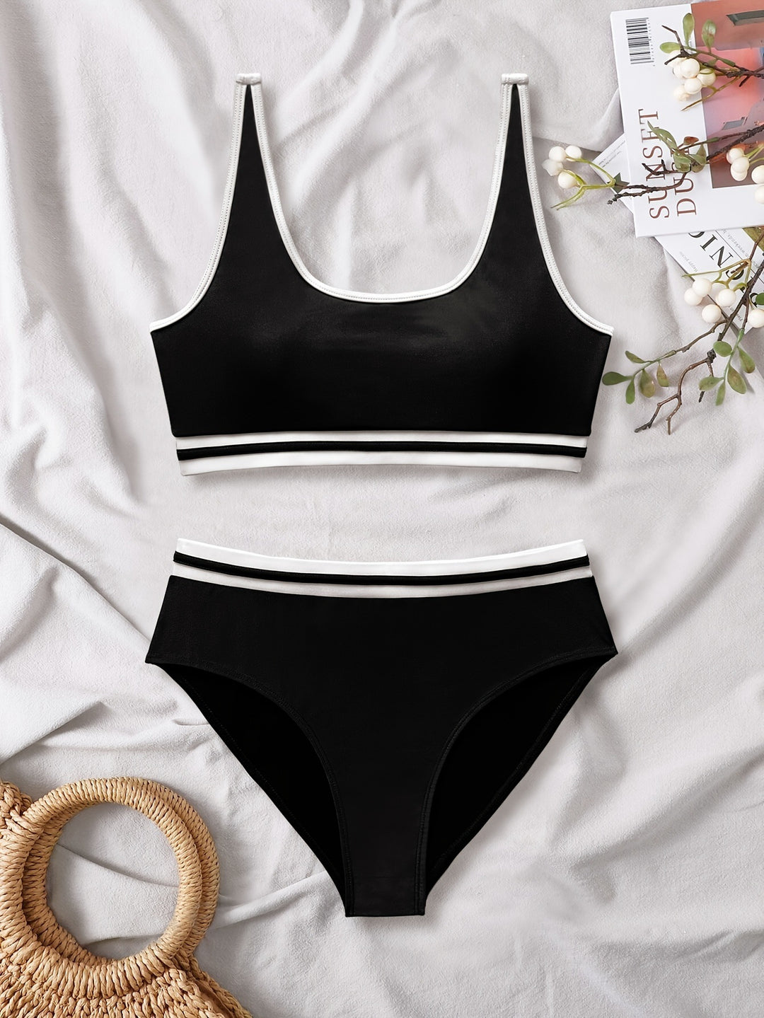 Dame Sporty Bikini-sæt med elastiske stropper og kontrastkanter Skovae