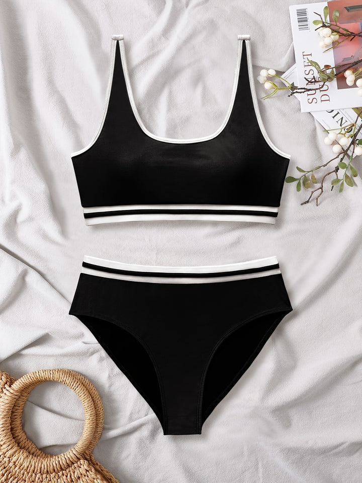 Dame Sporty Bikini-sæt med elastiske stropper og kontrastkanter Skovae