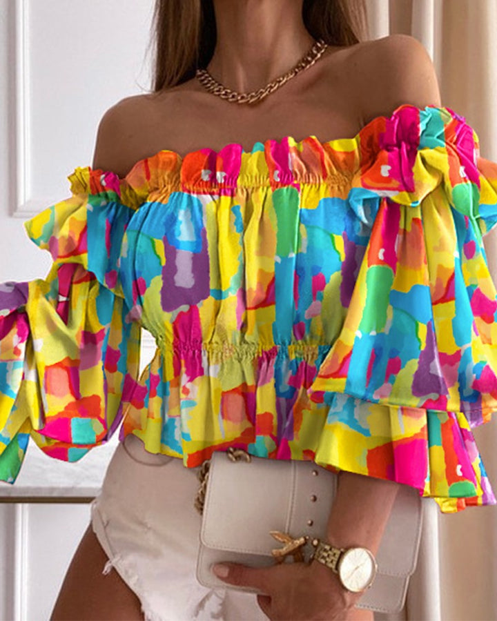 Dame Off-Shoulder Bluse med voluminøse ærmer og blomster mønster Stilla