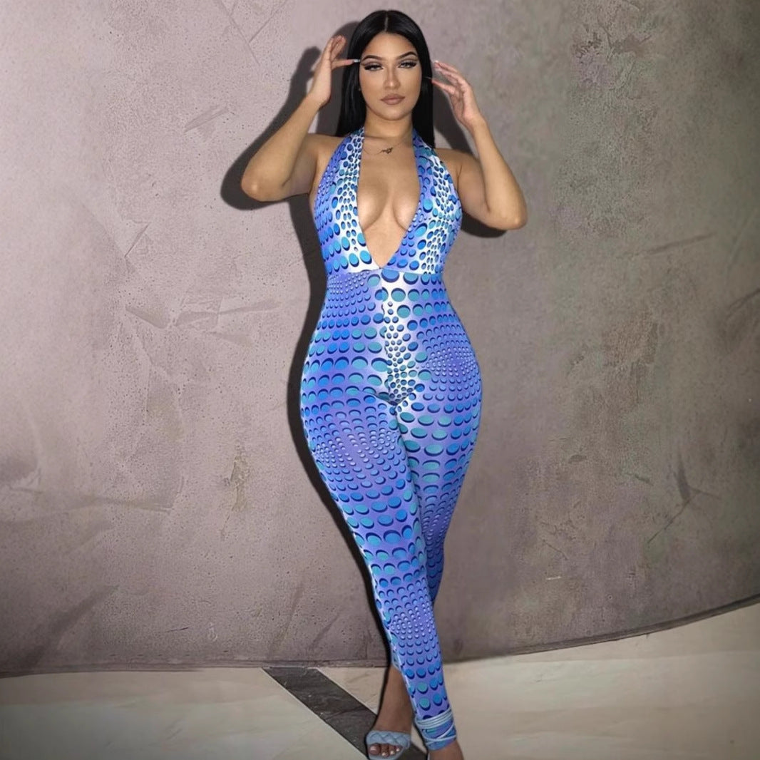 Dame Bodycon Jumpsuit med dyb V-udskæring og eksklusivt mønster Skovae