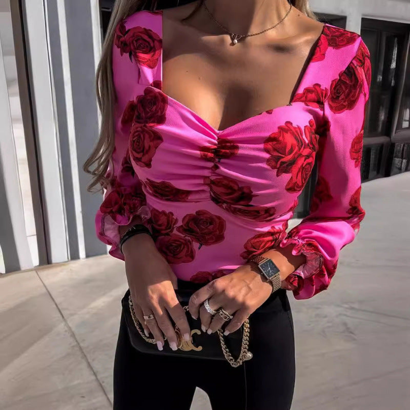 Dame Floral Print Rynk Langærmet Top Stilla