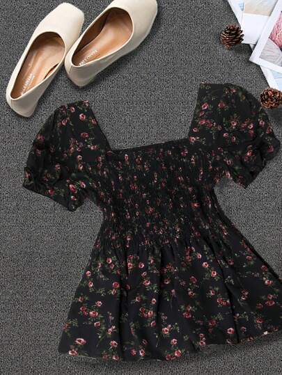 Dame bluse shirt med skulderfri pufærmer og blomsterdesign Stilla