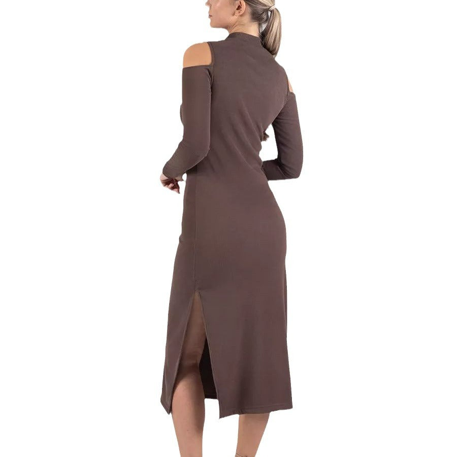 Dame figursyet Off-Shoulder midi kjole med lange ærmer og siden slids Stilla
