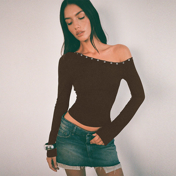 Kvinders Off-Shoulder Top med Fashionable Knapper og Figursyet Snit