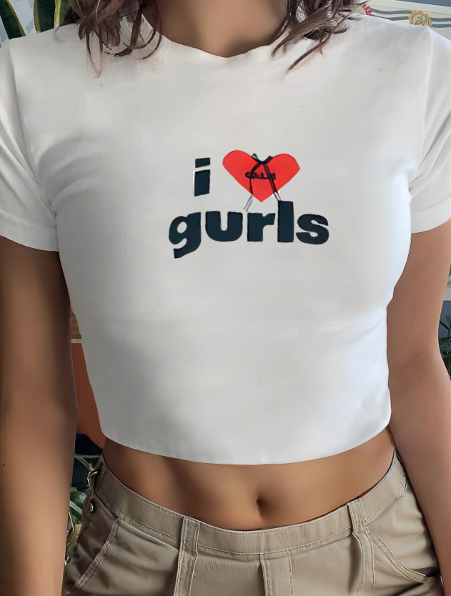 Dame Crop-T-Shirt med animalistisk læbe motiv og iøjnefaldende skrift Skovae