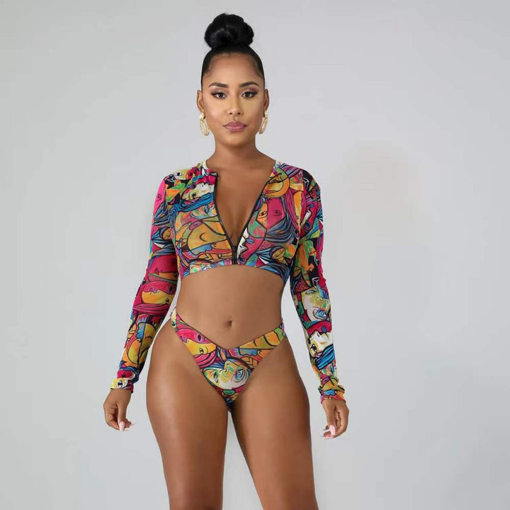 Dame Surf-Bikini-Sæt med langærmet top og moderigtig lynlås Skovae