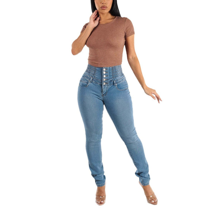 Dame High-Waist Jeans i elegant design med knaplukning og elastisk talje Stilla
