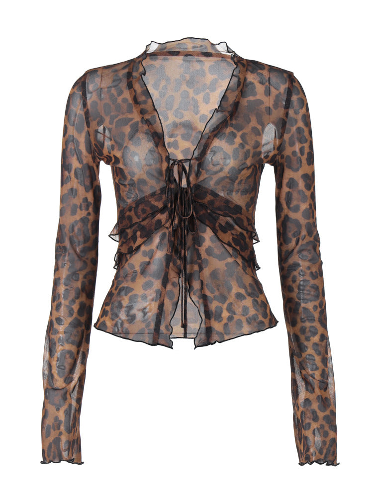 Dame Leopardmønster Bluse med rynkedetaljer og snøring Stilla