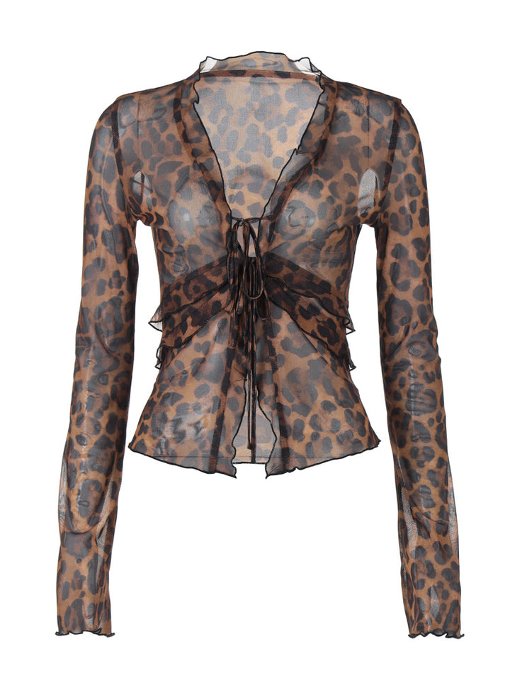 Dame Leopardmønster Bluse med rynkedetaljer og snøring Stilla