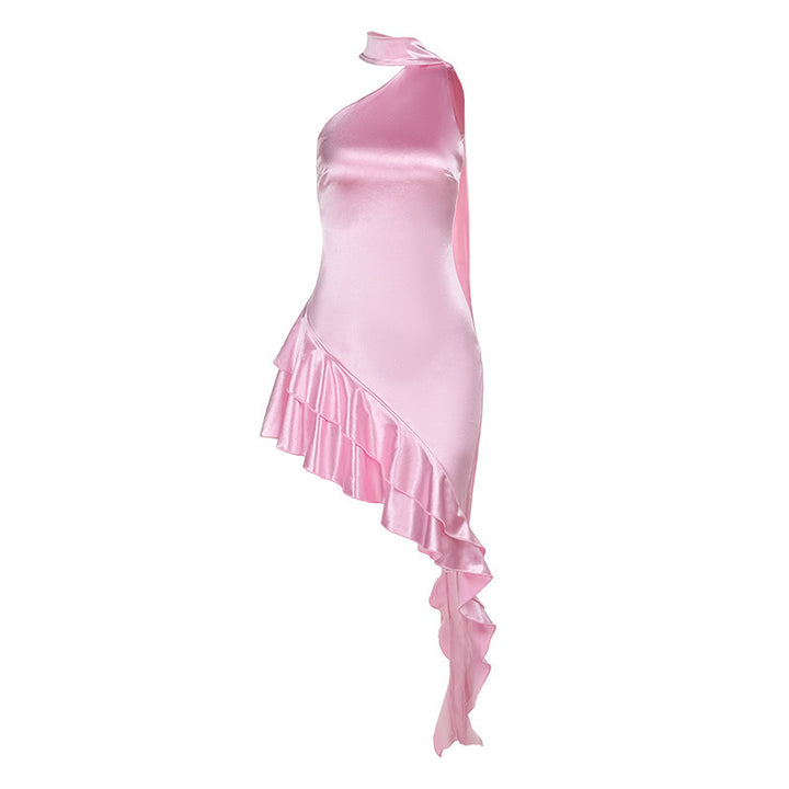 Dame asymmetrisk flæsekjole satin aftenkjole Stilla