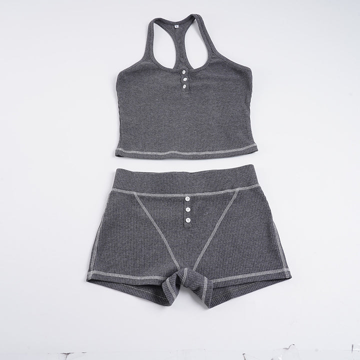 Dame Sports top og shorts sæt med knapdetaljer Skovae