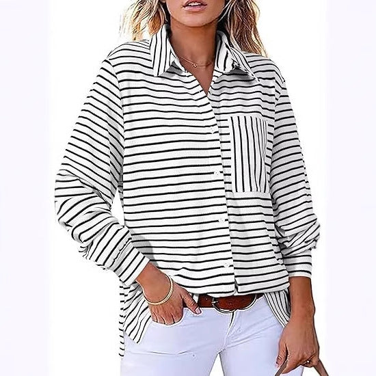 Damer Casual Stribet Bluse med Lomme og Knapstolpe Stilla